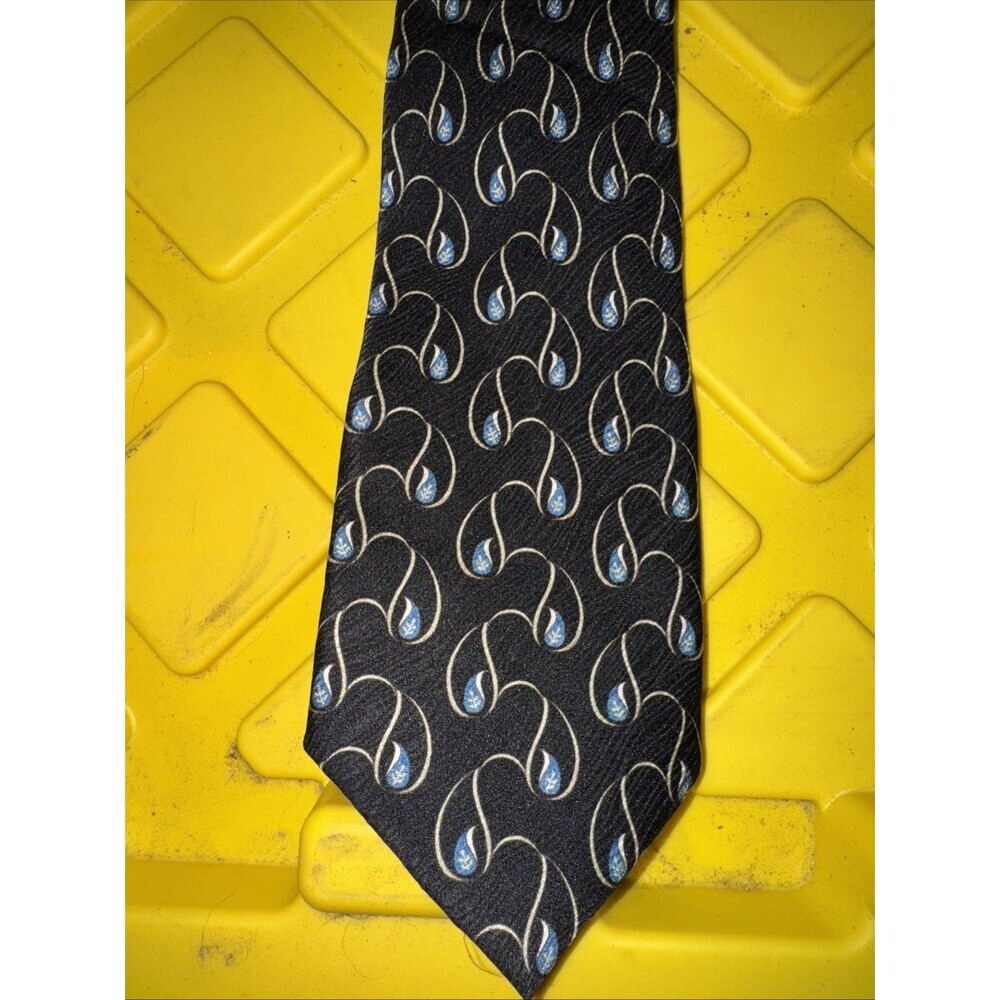 Bill Blass Necktie Tie Mens Black Blue Gold Teardrop All Silk EUC